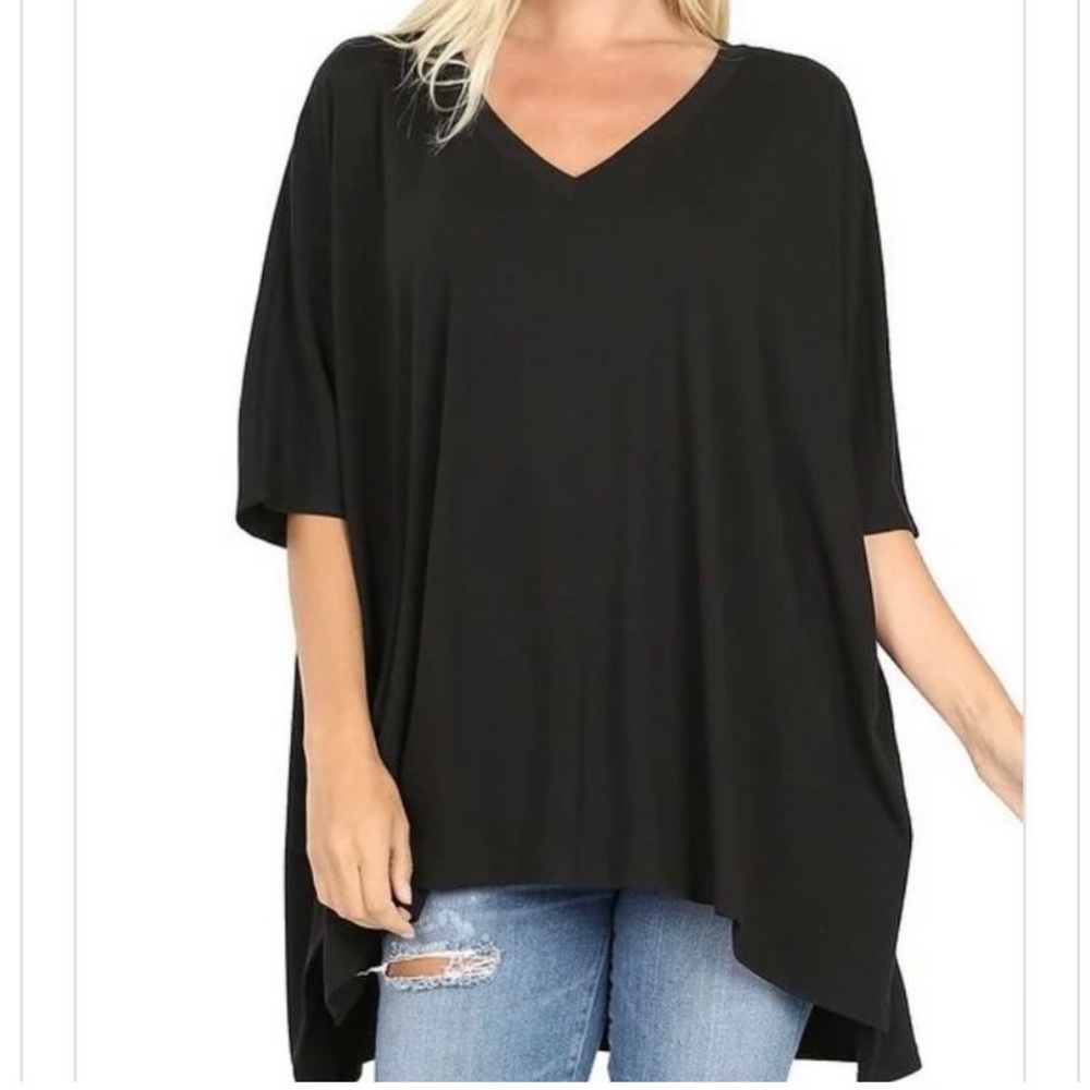 Black poncho shark tooth top Sizes S-XL shirt blouse NWT short sleeved v neck